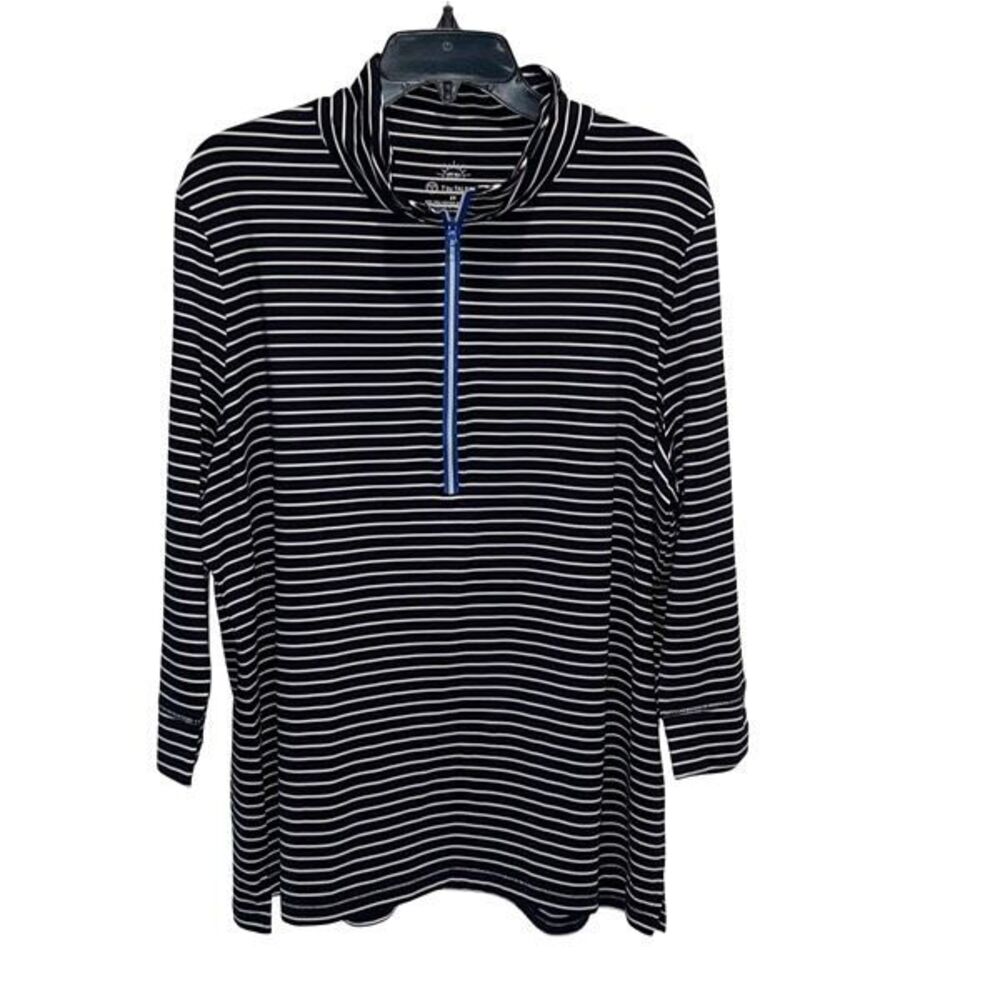 Talbots Black & White Striped Long Sleeve Half-Zip Top